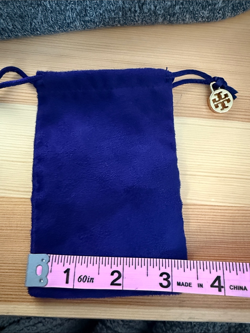 Tory Burch Cobalt Blue Suede Drawstring Pouch with Gold Logo Charm